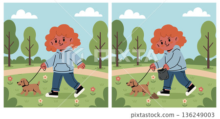 Responsible pet owner cleaning up after their dog in a park, a positive community and pet care vector illustration scene 136249003