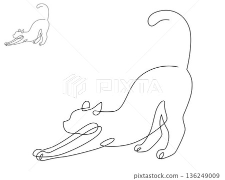 Continuous line drawing cat stretching. Side view single linear decorative design concept. Editable stroke vector illustration, Cat in one line for logo, Advertising. Continuous line drawing cat stretching. Side view single linear decorative design concept. Editable stroke vector illustration, Cat in one line for logo, Advertising. 136249009