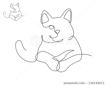 Continuous line drawing cat sitting and waiting. Front view single linear decorative design concept. Editable stroke vector illustration, Cat in one line for logo, Advertising. 136249011