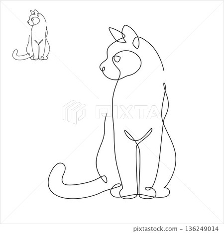 Continuous line drawing cat sitting staring. Front view single linear decorative design concept. Editable stroke vector illustration, Cat in one line for logo, Advertising. 136249014