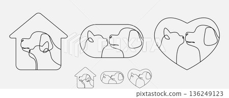 Set of continuous line drawing head of cat and dog with a heart. Single linear decorative logo, Pet shop or veterinarian design. Editable stroke vector illustration. Set of continuous line drawing head of cat and dog with a heart. Single linear decorative logo, Pet shop or veterinarian design. Editable stroke vector illustration. 136249123