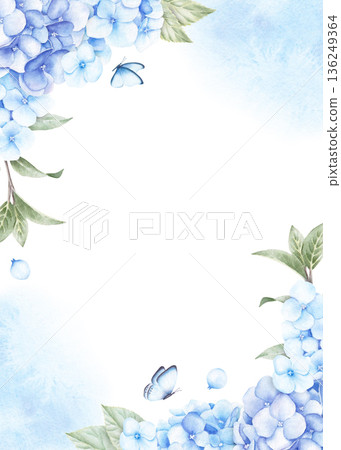 Greeting card template with hydrangea flowers, leaves, butterflies and blue color splashes. Watercolor hand drawn illustration isolated on white background Greeting card template with hydrangea flowers, leaves, butterflies and blue color splashes. Watercolor hand drawn illustration isolated on white background 136249364