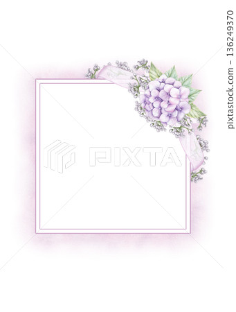Greeting card template with pink hydrangea flowers, buds and ribbons. Watercolor hand drawn illustration isolated on white background Greeting card template with pink hydrangea flowers, buds and ribbons. Watercolor hand drawn illustration isolated on white background 136249370