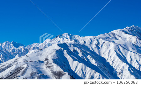 Snowy landscapes and mountain scenery of the Northern Alps shining under a clear blue sky Snowy landscapes and mountain scenery of the Northern Alps shining under a clear blue sky 136250068