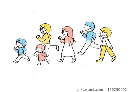 兩家人朝著同一方向行進的示意圖 136250492