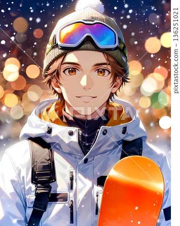 Winter illustration of a young man with a snowboard 136251021