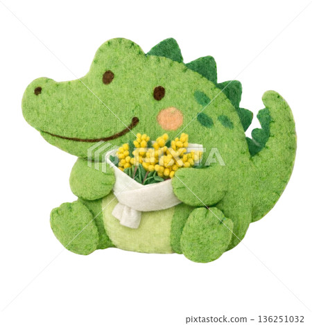 【國際婦女節】鱷魚手捧一束毛氈風格的含羞草花束的插圖 136251032