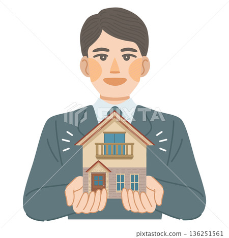 Illustration of a man in a suit recommending a detached house Illustration of a man in a suit recommending a detached house 136251561