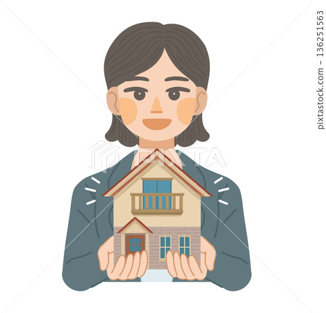 Illustration of a woman in a suit recommending a detached house Illustration of a woman in a suit recommending a detached house 136251563