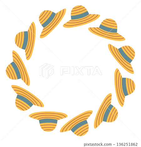 Cute vector circular frame made of straw hats. Flat cartoon illustration on white background, perfect for summer, gardening, farming, seasonal designs, invitations, posters, and templates 136251862