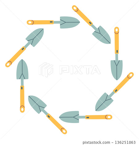 Vector circular frame made of gardening trowels. Flat cartoon illustration on white background, ideal for spring, gardening, farming, DIY, eco design, invitations, posters, and seasonal templates Vector circular frame made of gardening trowels. Flat cartoon illustration on white background, ideal for spring, gardening, farming, DIY, eco design, invitations, posters, and seasonal templates 136251863