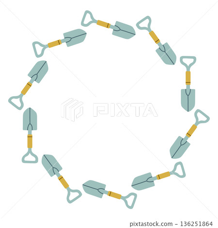 Vector circular frame made of garden shovels. Minimal flat illustration, perfect for spring gardening designs, eco projects, farming themes, invitations, posters, templates, and seasonal decor 136251864