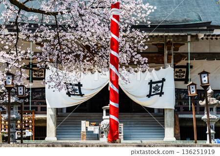 Myoryo-ji Temple in Yamanashi with cherry blossoms in full bloom 136251919