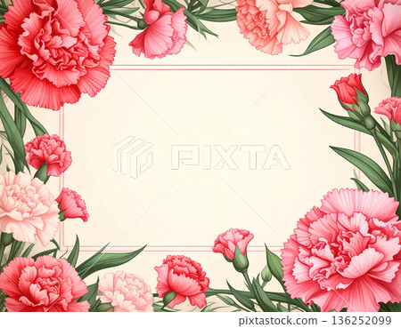 一張用於表達感謝的留言卡的背景圖，周圍環繞著色彩繽紛的水彩康乃馨。 136252099