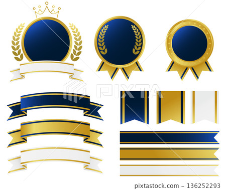 一組深藍色和金色的獎章和瑤帶插圖。 136252293