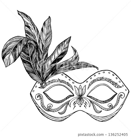 Vintage Black and White Masquerade Ball Mask. Ornate masquerade mask with carnival feathers. Vector illustration on a white background. Hand drawn Vintage Black and White Masquerade Ball Mask. Ornate masquerade mask with carnival feathers. Vector illustration on a white background. Hand drawn 136252405