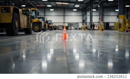 Safety Cone Placed On Reflective Warehouse Floor Marking Active Equipment Area With Industrial Vehicles In Background, Clear Caution Signal And Maintenance Awareness In Facility. Safety Cone Placed On Reflective Warehouse Floor Marking Active Equipment Area With Industrial Vehicles In Background, Clear Caution Signal And Maintenance Awareness In Facility. 136252611