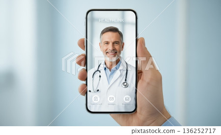 Hand holding a smartphone displaying a smiling male doctor on a video call, representing modern telemedicine, online medical consultations, and healthcare accessibility through digital technology 136252717