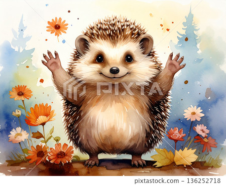 水彩風格可愛刺蝟奇幻森林動物插畫 136252718