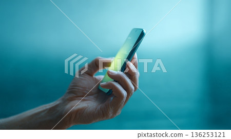 Hand holding a modern smartphone with a glowing screen, illustrating concepts of technology, connection, communication, social media, and digital interaction in contemporary life Hand holding a modern smartphone with a glowing screen, illustrating concepts of technology, connection, communication, social media, and digital interaction in contemporary life 136253121