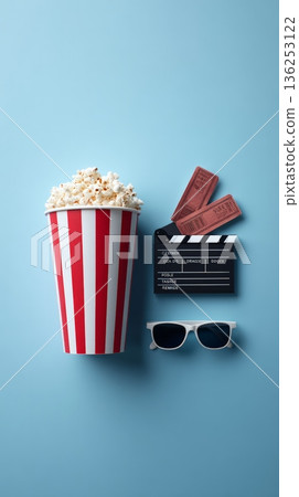 Popcorn overflow, movie tickets, a film clapperboard, and white 3d glasses arranged on a light blue background, representing a classic cinema experience 136253122