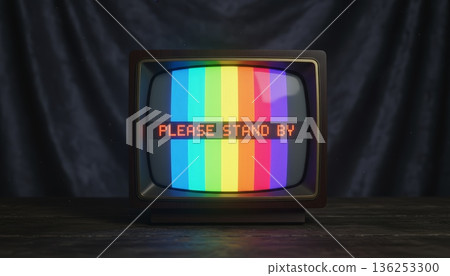 Old television showing a static test pattern with vertical rainbow bars and please stand by message, symbolizing broadcast interruption and system error 136253300