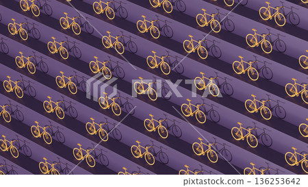 3D rendering of yellow bicycles arranged diagonally on a purple background 3D rendering of yellow bicycles arranged diagonally on a purple background 136253642