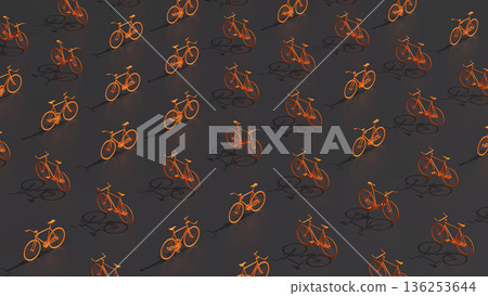 3D rendering of orange bicycles arranged in a grid and turned in different directions 136253644