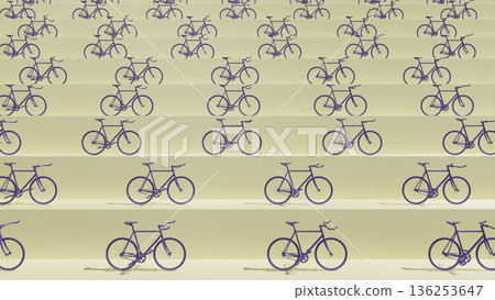 3D rendering of purple bicycles arranged in rows on a tiered light surface 136253647