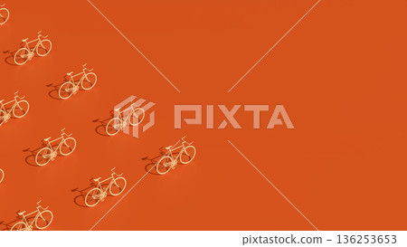 3D rendering of orange bicycles arranged diagonally on solid orange background 3D rendering of orange bicycles arranged diagonally on solid orange background 136253653