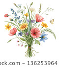 Seasonal Flowers Watercolor White Background 136253964