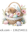 The cutest dog in the world sleeping peacefully inside a pastel Easter egg basket 136254011