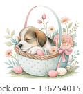 The cutest dog in the world sleeping peacefully inside a pastel Easter egg basket 136254015