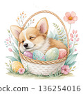 The cutest dog in the world sleeping peacefully inside a pastel Easter egg basket 136254016
