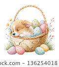 The cutest dog in the world sleeping peacefully inside a pastel Easter egg basket 136254018