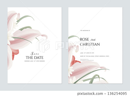 Floral wedding invitation card template design, various flowers bouquet on white 136254095