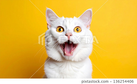 Funny Surprised White Cat on Yellow Background Funny Surprised White Cat on Yellow Background 136254406