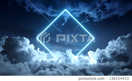 Neon Geometric Shape Above Reflective Water 136254413