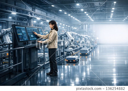 一位女性對整個工廠進行智慧監控。 136254882