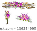 Pansy and twig border swag and flower arrangement 136254995
