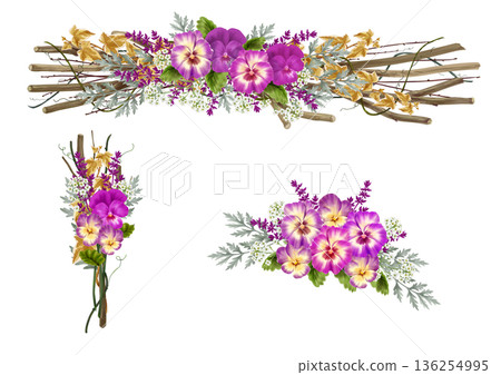 Pansy and twig border swag and flower arrangement 136254995
