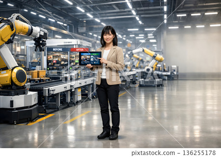 一位在未來主義工廠中努力改善工作場所的女性 136255178