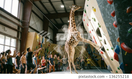 長頸鹿攀爬抱石牆 136255218