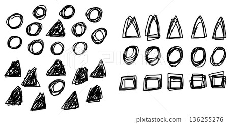 Hand drawn doodle of geometric shapes illustrating the concept of chaos versus order. Hand drawn doodle of geometric shapes illustrating the concept of chaos versus order. 136255276