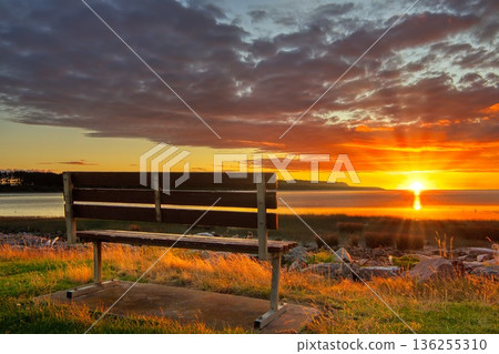 Summer Sunset Empty Park Seat Foxton Beach New Zealand Summer Sunset Empty Park Seat Foxton Beach New Zealand 136255310