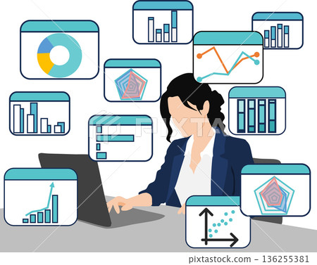Illustration of a businesswoman analyzing data Illustration of a businesswoman analyzing data 136255381