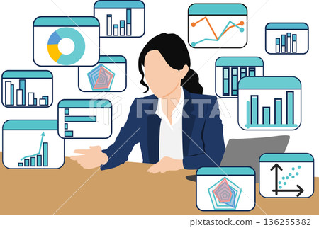 Illustration of a businesswoman analyzing data Illustration of a businesswoman analyzing data 136255382