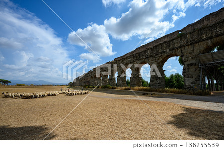 Rural scene showing sheep in foreground and stone arches of a Roman aqueduct in Parco degli Acquedotti, Rome. Rural scene showing sheep in foreground and stone arches of a Roman aqueduct in Parco degli Acquedotti, Rome. 136255539