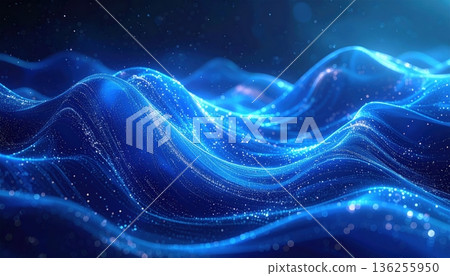 A glowing fractal galaxy swirls with energy across an abstract blue background of dark waves and bright starlight nestled in a deep purple cosmic nebula 136255950