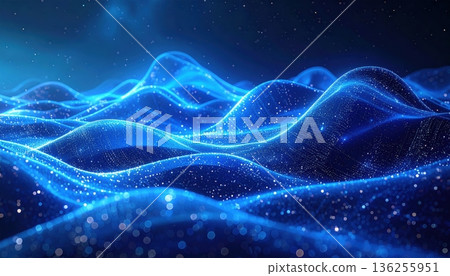 A glowing fractal galaxy swirls with energy across an abstract blue background of dark waves and bright starlight nestled in a deep purple cosmic nebula 136255951